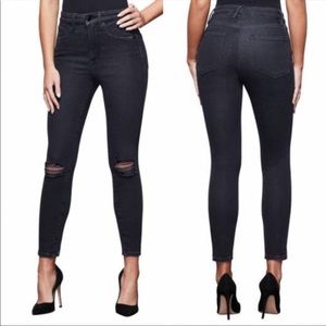 Good American Good Curve Black Skinny Jeans with rip details on knees